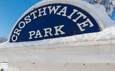 Crosthwaite Park Sign in the snow – Winter Wonderland